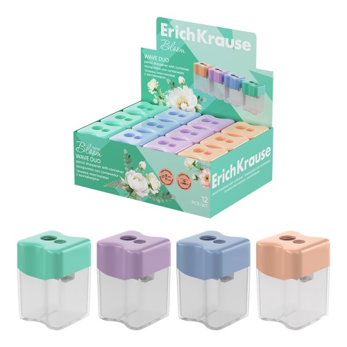 Точилка пластиковая ErichKrause 60047 Wave Duo, Pastel Bloom, с контейнером "Дава"