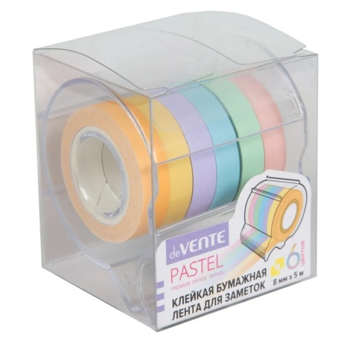 Закладки самоклеящиеся 8мм*5м deVENTE Пастель / Pastel 6 рулонов ассорти в диспенсере "Дава"