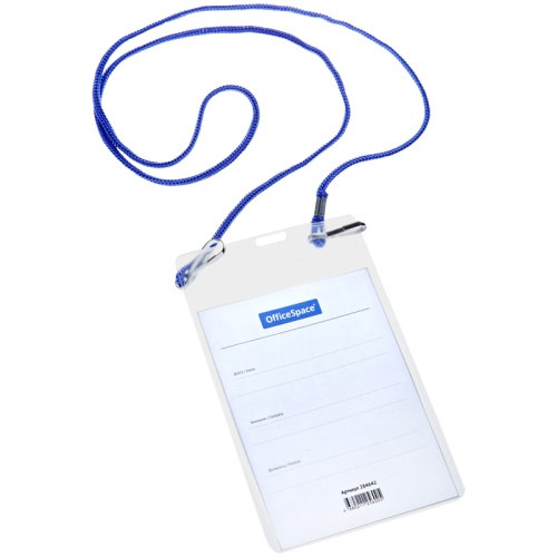 Бейдж 95*150мм OfficeSpace (размер вставки 90*120мм), вертикальный, 2 карабина, на синем шнурке "Дава"
