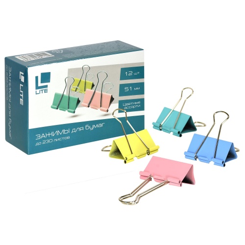 Зажим для бумаг 5,1см*12шт Lite Z51L-12С цветные "Дава"