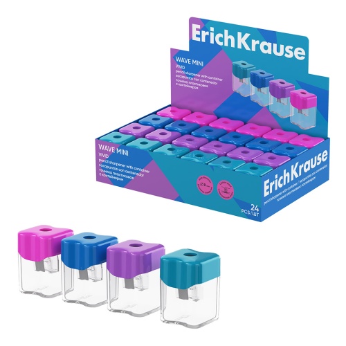 Точилка пластиковая ErichKrause 60043 Wave Mini, Vivid, с контейнером "Дава"