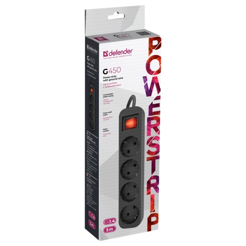 Сетевой фильтр Defender G450 99339 4 розетки 5м, с заземлением, выключатель "Дава"