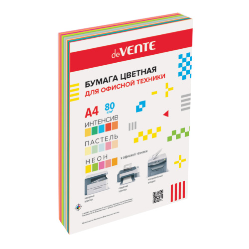 Бумага цветная deVENTE А4/60л/75г интенс. 5цв., паст. 5 цв., неон 5цв 2072424 "Дава"