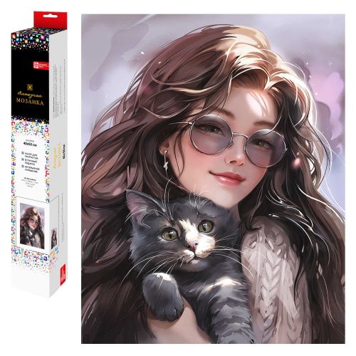 Набор для творчества Феникс+ 70823 Алмазная мозаика 40*50см Брюнетка с котом  "Дава"