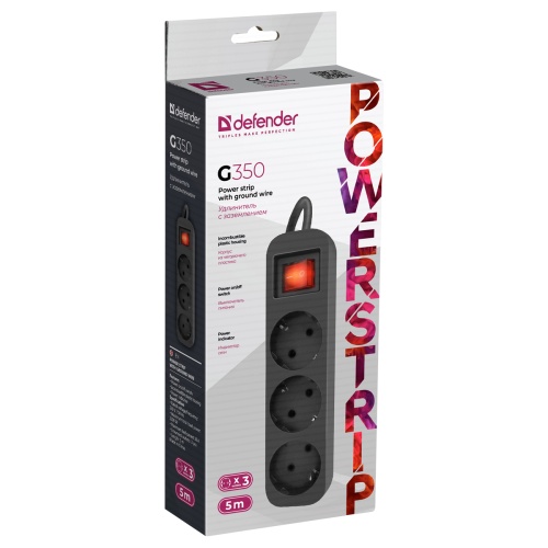 Сетевой фильтр Defender G350 99335 3 розетки 5м, с заземлением, выключатель "Дава"