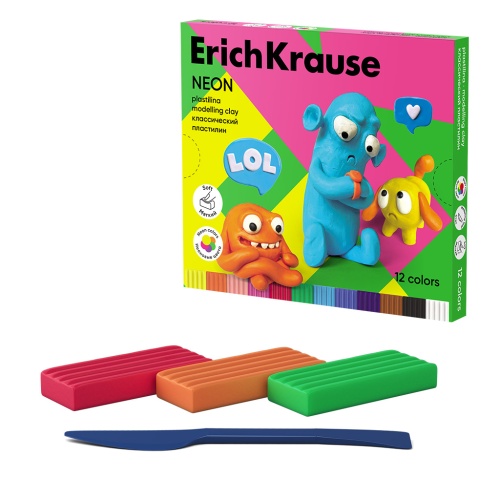 Пластилин 12цв/216г ErichKrause 61355 Веселые друзья, со стеком, Неон "Дава"