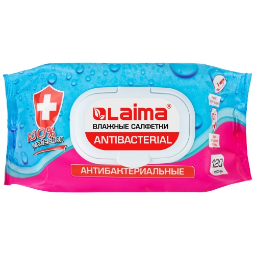 Салфетки влажные 120 шт LAIMA 112497 Antibacterial, с пластиковым клапаном ЧЗ "Дава"