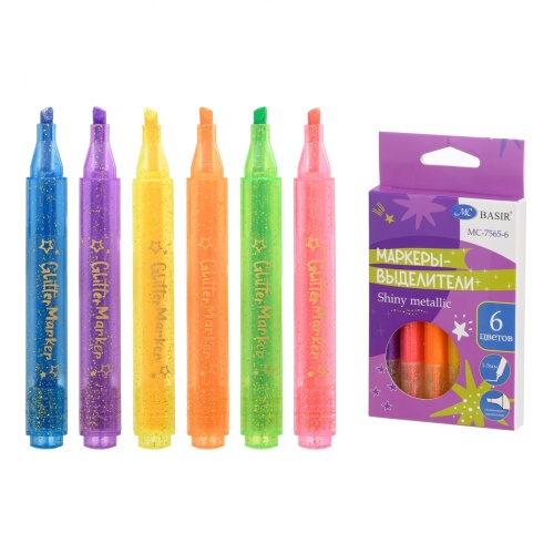 Текстмаркер 6шт.уп. Basir MC-7565-6 Яркие блестки "Дава"