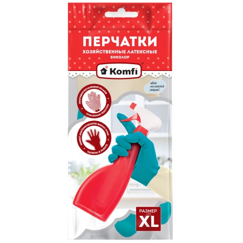 Перчатки хозяйственные латексные Komfi Биколор, BICOLO8, XL, бежевый+бирюзовый "Дава"