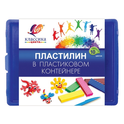 Пластилин 10цв/200г Луч Классика 20с1345-08, со стеком, пластиковый контейнер "Дава"